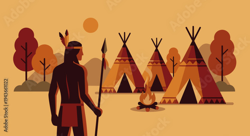 Native American Warrior in Tribal Camp

Flat vector illustration of a Native American warrior standing near a traditional tribal camp with tipis in the background. Campfire and natural landscape visib