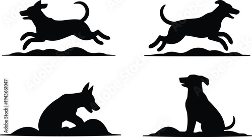 Dog silhouette collection showing running, jumping, sitting and digging poses isolated on white background, domestic pet animal activity vector illustration set for design