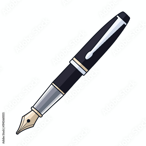 A classic black fountain pen with a silver and gold nib, angled on white