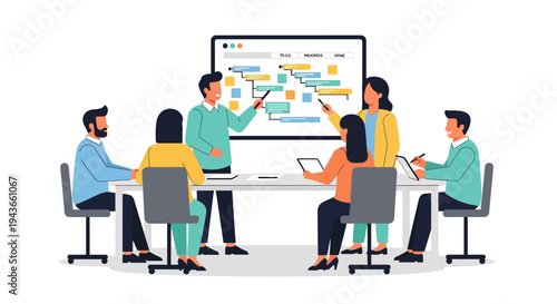 Team collaborating on a business strategy presentation.