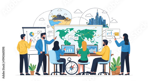 Team Collaborating on Global Business Strategy with Data Visualization.