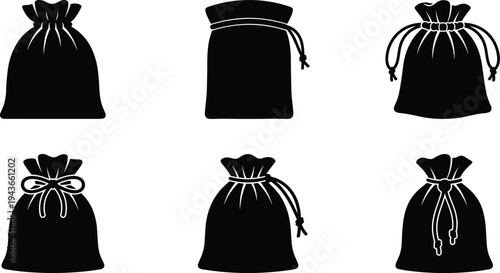 Black drawstring bag silhouettes set, pouch sack collection, money bag shapes, storage pouch icons, minimalist vector illustration isolated