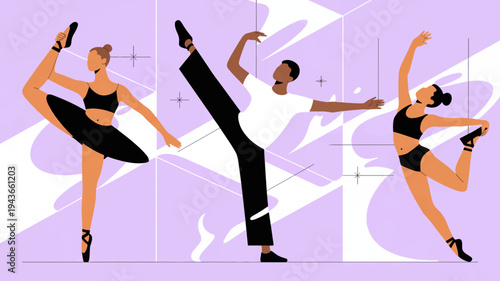 Dancers in dynamic poses ballet contemporary modern dance three performers dancewear abstract background purple hues energetic movements artistic