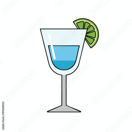 Clear cocktail glass with blue liquid and lime wedge