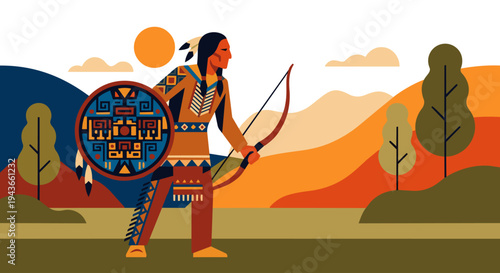 Native American Warrior with Shield and Bow

Flat vector illustration of a Native American warrior holding a decorated shield and bow. Tribal patterns visible on clothing and shield. 