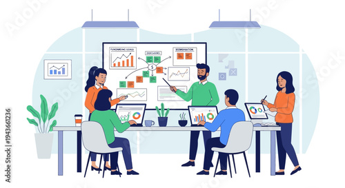 Team collaborating on a business strategy presentation in an office setting.