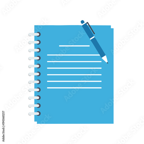 Flat blue notepad with spiral binding and a blue pen writing