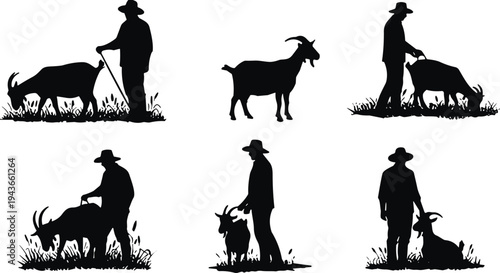 Farmer with goats silhouette collection showing rural livestock farming, shepherd walking with goat herd, countryside agriculture lifestyle, animal husbandry concept isolated vector illustration set