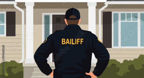 Enforcement officer in uniform stands before a suburban house, symbolizing legal proceedings, debt collection, or property repossession