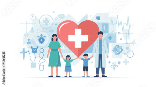 Family holding hands with a large red heart medical symbol surrounded by health icons