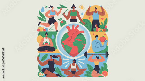 Diverse people around the earth with leaves and plants symbolizing environmental care and unity in a colorful illustration