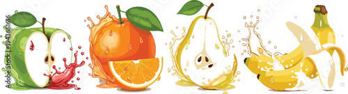 Juicy Fruit Splash Set Featuring Apple, Orange, Pear, and Banana with Dripping Juice for Fresh and Vibrant Food Designs