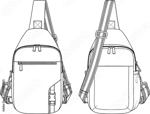 Minimalist sling backpack line drawing showing front and back views with adjustable strap, zipper pockets and modern casual bag design isolated vector illustration