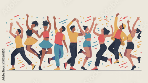Diverse group of people dancing together with raised arms in celebration colorful confetti background