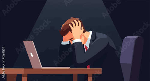 Businessman at desk, head in hands, overwhelmed by work stress and burnout, depicting mental exhaustion and corporate pressure