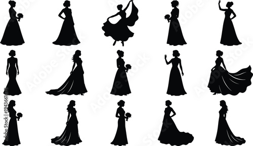 Elegant bride silhouettes collection with wedding dresses and bouquets, bridal fashion pose set illustration vector