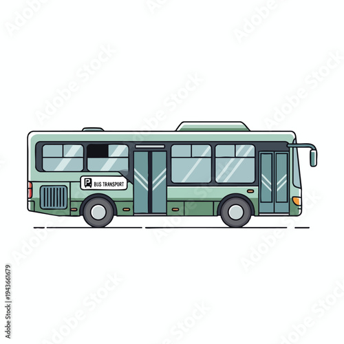 Green public bus with tinted windows and "BUS TRANSPORT" signage