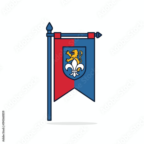Vertical pennant with heraldic lion and fleur-de-lis on split red/blue field
