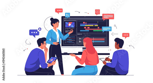 Team collaborating on a digital project with a teacher guiding them.