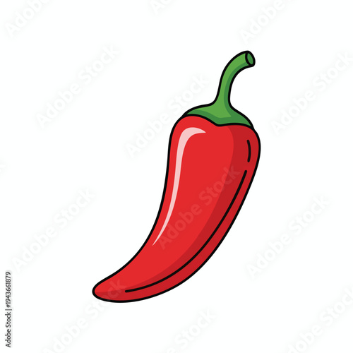 Bright red pepper with green stem, highlighted with a curved white streak