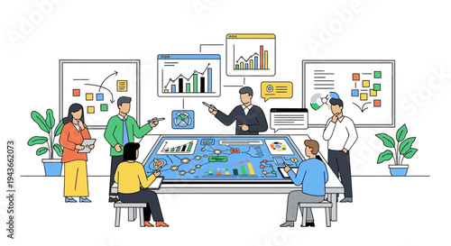 Team collaborating on a large interactive digital display.