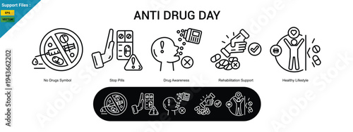 Anti Drug Day line icons including No Drugs , Stop Pills, Awareness, Support, and Healthy Life. vectori llustration.