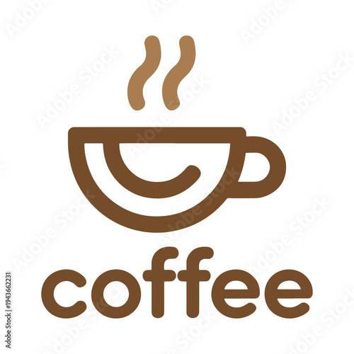 A cheerful coffee cup icon with steam rising from its top and the word coffee below it