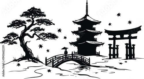 Traditional Japanese landscape silhouette featuring pagoda temple, torii gate, bonsai tree and arched bridge with falling leaves, Asian cultural scenery vector illustration