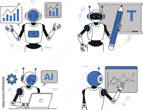 Artificial Intelligence Robot Character Set for Data Analysis Business Writing Coding and Statistics Illustration for Technology Websites Software Apps and Digital Marketing