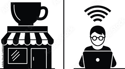 Remote Work Concept with Freelancer on Laptop and Coffee Shop Building Icon for Digital Nomad Lifestyle Hybrid Office and Coworking Space Graphic Designs
