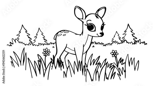 Adorable baby fawn with big eyes standing in a grassy field with evergreen trees in the background, perfect for children's coloring.