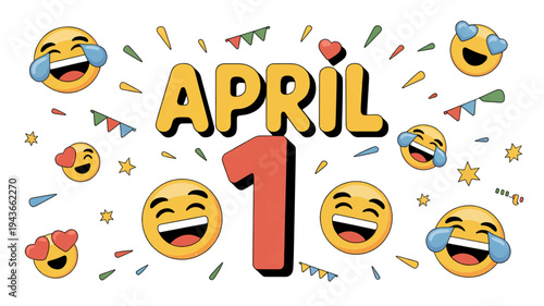 April fools' day celebration with laughing emojis and colorful confetti on white background