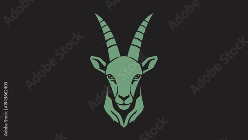 Stylized Illustration of a Green Ibex Head with Large Horns.