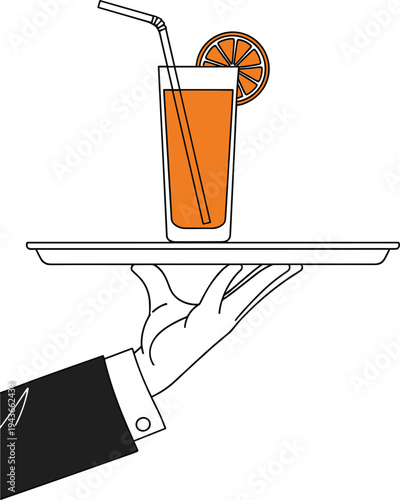 Minimalist Illustration of a Hand Holding a Tray with a Glass of Juice and a Lemon Slice for Elegant Drink Designs