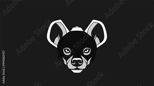 Stylized illustration of a hyenas head in black and white.
