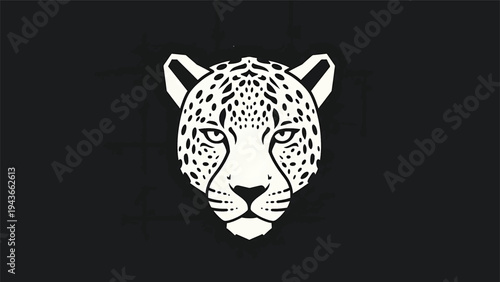 Stylized White Leopard Head Emblem on Black Background.