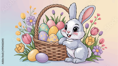 Cute white bunny holding easter eggs in a basket surrounded by colorful spring flowers outdoors