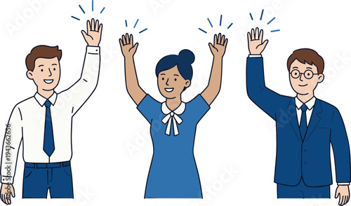 People raising hands volunteering or asking question, diverse team participation concept, teamwork communication illustration vector