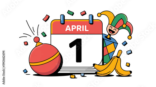 Jester celebrates april fool's day with calendar banana peels and exploding bomb