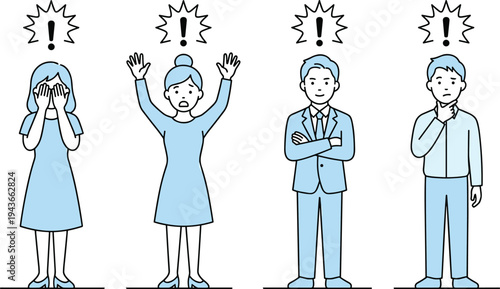 People reacting with surprise and worry, different shocked emotional reactions with exclamation marks concept illustration vector set