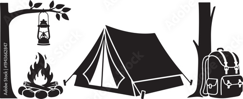 Camping illustration with tent, fire, and backpack in woods