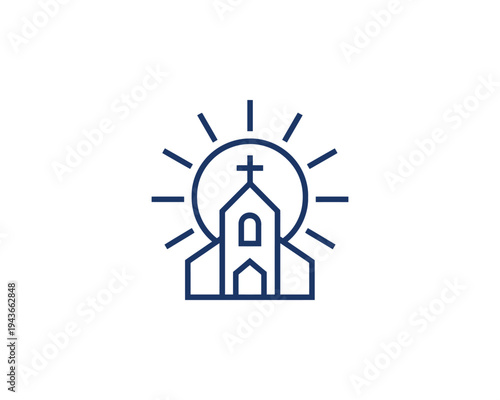 Church Building with Cross and Sun Rays Simple Line Art Logo Religious Symbol