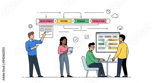 Team collaborating on a project with a visual roadmap.