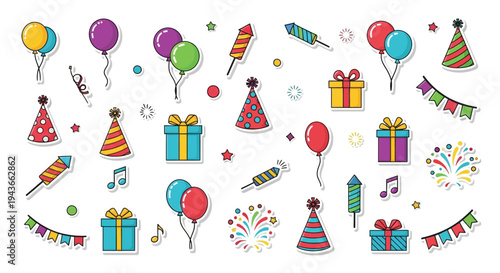 Colorful party elements including balloons gifts and fireworks on transparent background silhouette