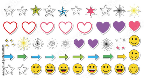 Colorful stickers featuring stars hearts smiles and arrows on transparent background silhouette