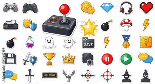 Colorful gaming icons and elements displayed as a silhouette on transparent background