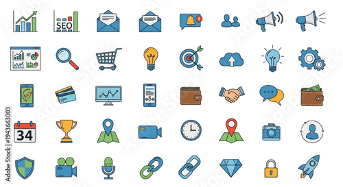 Colorful business icons set including marketing finance and communication on transparent background silhouette