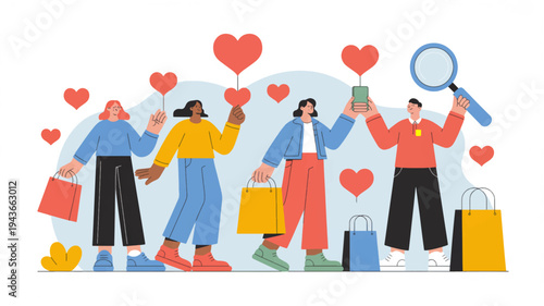 Diverse people shopping and finding deals with hearts love and valentine's day theme