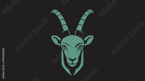 Stylized Teal Ibex Head with Majestic Horns on Dark Background.