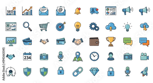 Colorful business and marketing icons set on transparent background silhouette